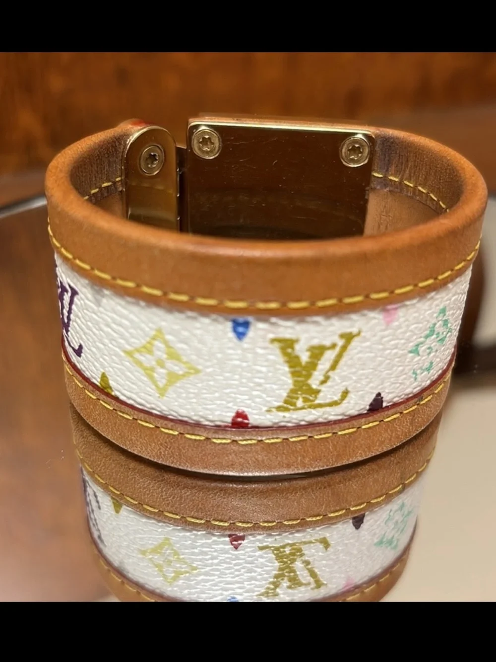 Louis Vuitton White Multicolor Monogram Leather Bracelet with Gold Hardware EUC